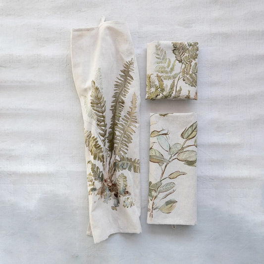 Cotton & Linen Botanical Tea Towel | Printed Kitchen Towel with Hanging Loop | 3 Nature-Inspired Styles