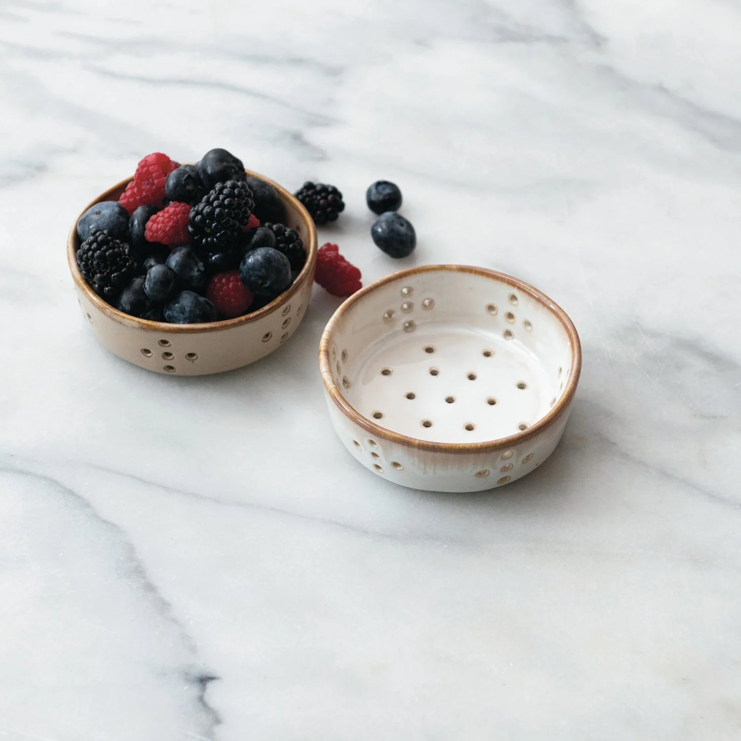 Stoneware Berry Bowl | Ceramic Colander in White or Tan | Farmhouse Fruit Strainer & Kitchen Decor