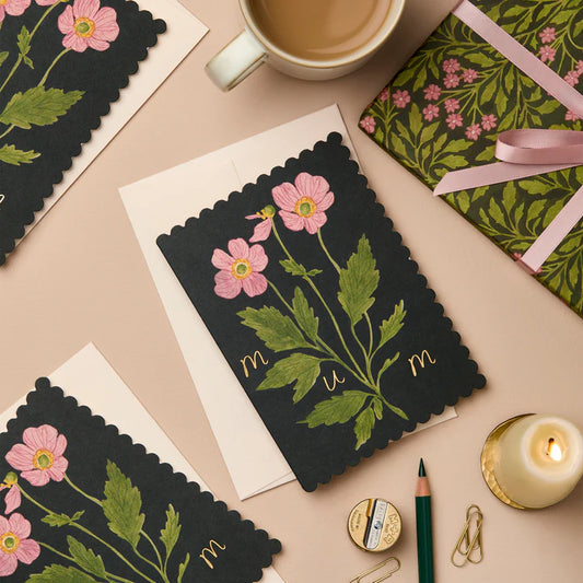 Anemone ‘Mum’ Greeting Card | Floral Scalloped Edge Card with Gold Foil & Blush Envelope | UK Printed