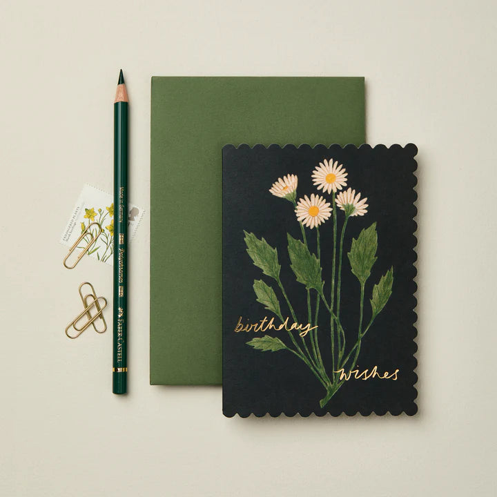 Botanical Daisy ‘Birthday Wishes’ Card | Floral Scalloped Edge Card with Gold Foil & Blush Pink Envelope | UK Printed