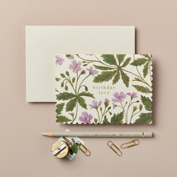 Geranium ‘Birthday Love’ Card | Botanical Scalloped Edge Card with Gold Foil & Grey Envelope | UK Printed