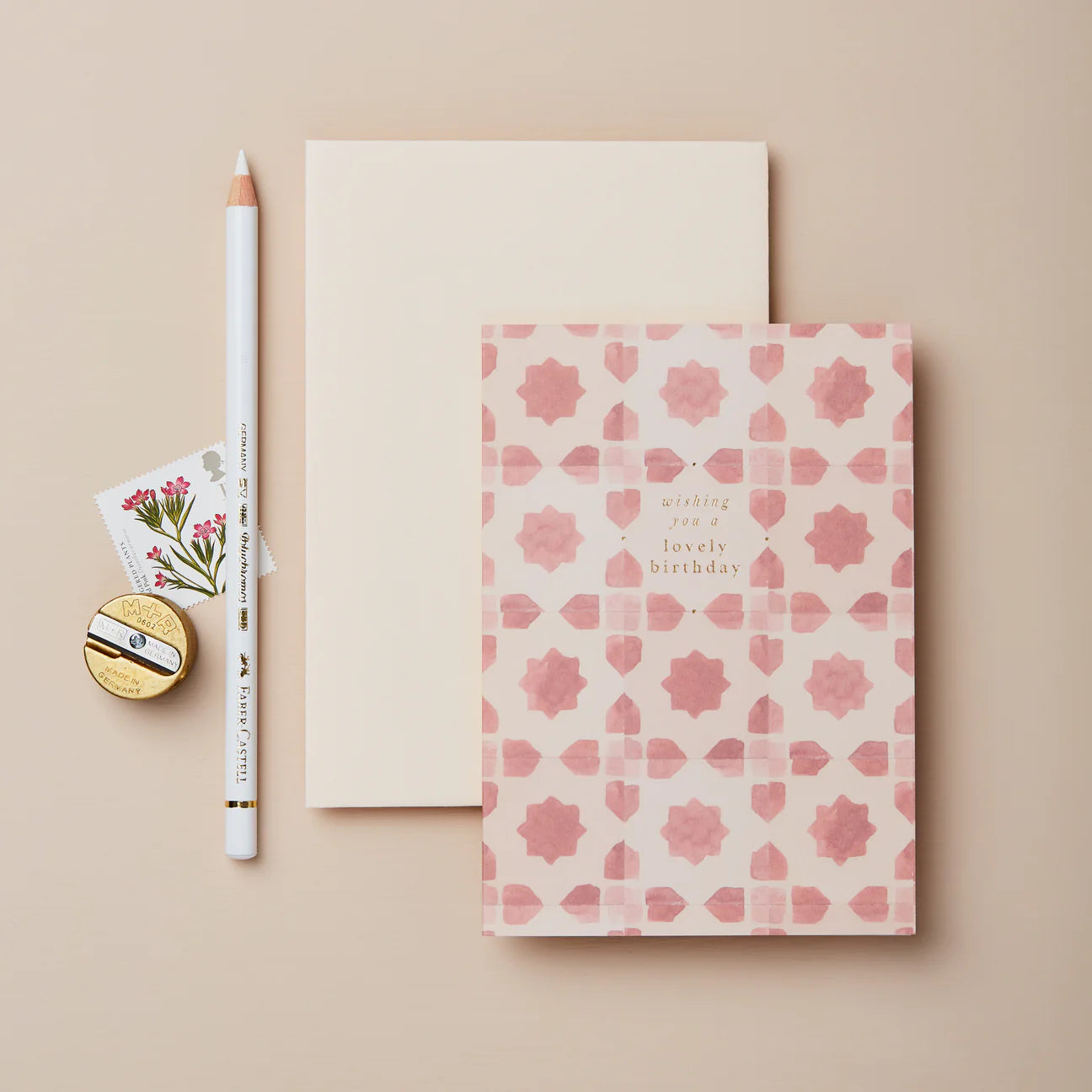 Pink Tiles ‘Wishing You a Lovely Birthday’ Card | Gold Foil Birthday Card with Blush Pink Envelope | UK Printed Stationery