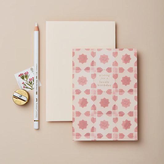 Pink Tiles ‘Wishing You a Lovely Birthday’ Card | Gold Foil Birthday Card with Blush Pink Envelope | UK Printed Stationery