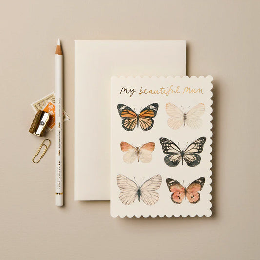 Butterfly ‘My Beautiful Mum’ Card | Scalloped Edge Mini Card with Gold Foil & Cream Envelope | UK Printed Stationery