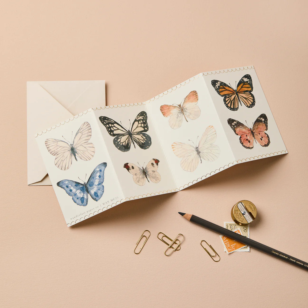 Butterfly Concertina Mini Card | Fold-Out Card with 8 Butterfly Illustrations & Pale Grey Envelope | UK Printed Stationery