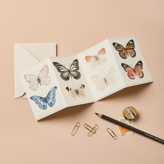 Butterfly Concertina Mini Card | Fold-Out Card with 8 Butterfly Illustrations & Pale Grey Envelope | UK Printed Stationery