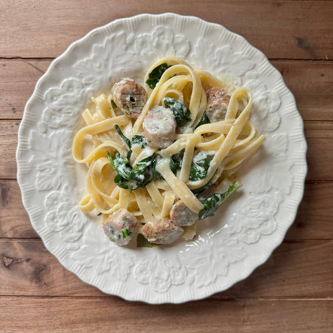 A Cozy Night In: Spinach & Chicken Sausage Alfredo with a Flavorful Twist