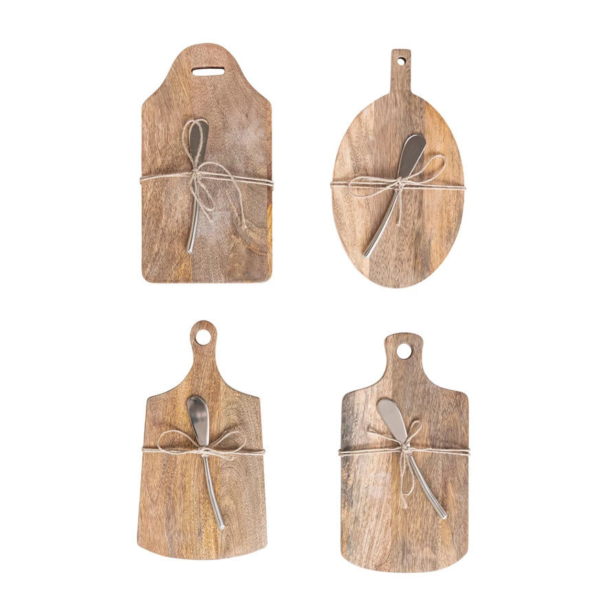 Mango Wood Cheese & Cutting Board with Handle + Canapé Knife | Rustic Serving Board for Charcuterie & Entertaining