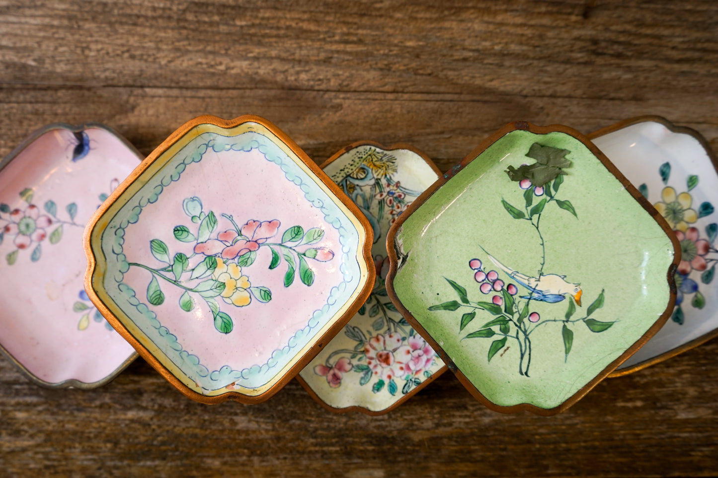 Hand-Painted Brass Trinket Trays – Vintage Floral & Bird Designs (Sold Individually)