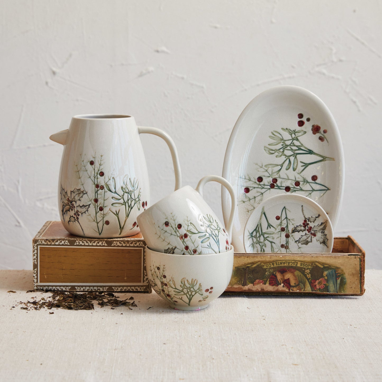 Debossed Stoneware Platter w/ Seasonal Botanicals (Each One Will Vary)