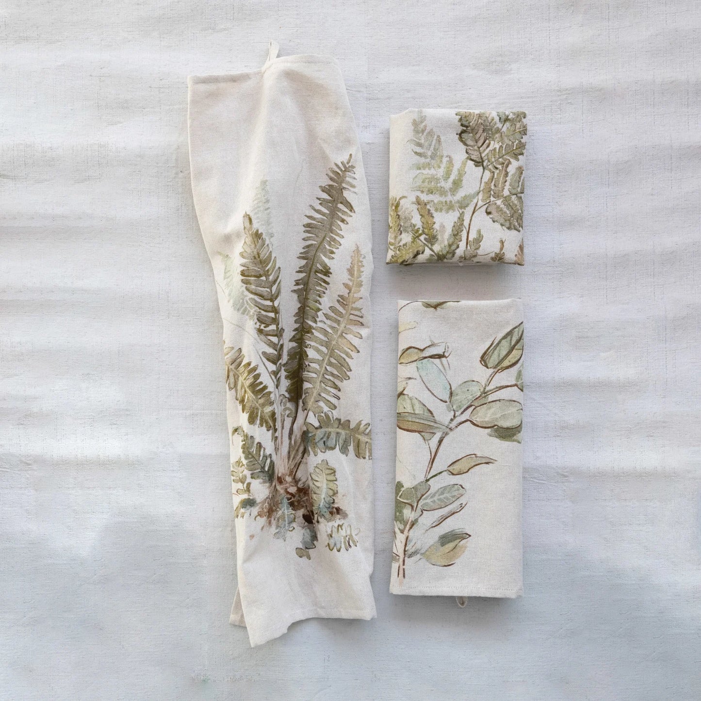 Cotton & Linen Botanical Tea Towel | Printed Kitchen Towel with Hanging Loop | 3 Nature-Inspired Styles