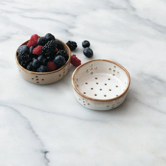 Stoneware Berry Bowl | Ceramic Colander in White or Tan | Farmhouse Fruit Strainer & Kitchen Decor