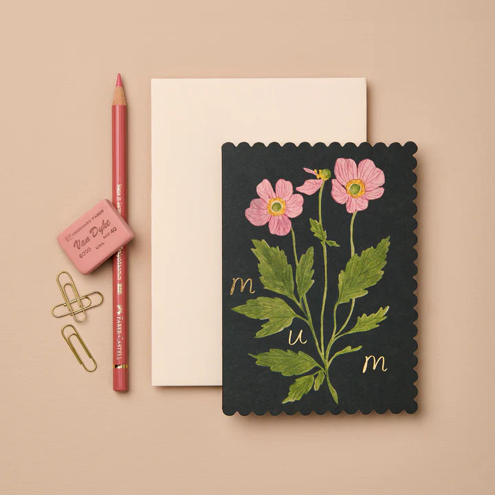Anemone ‘Mum’ Greeting Card | Floral Scalloped Edge Card with Gold Foil & Blush Envelope | UK Printed