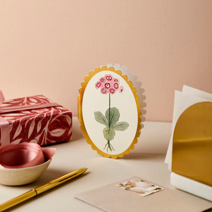Auricula Mini Card | Gold Foil Scalloped Edge with Pale Grey Envelope | UK Printed Botanical Stationery