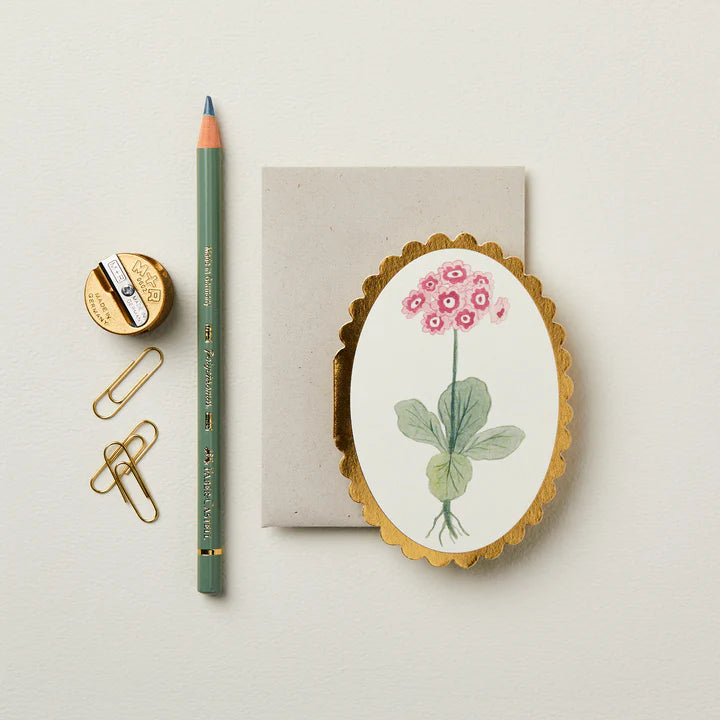 Auricula Mini Card | Gold Foil Scalloped Edge with Pale Grey Envelope | UK Printed Botanical Stationery