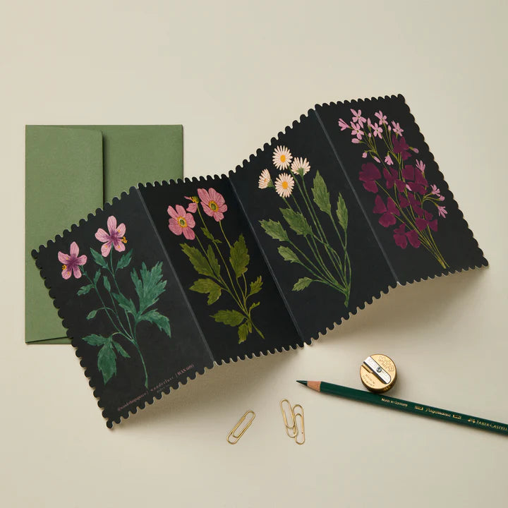 Botanical Concertina Card | Scalloped Edge Fold-Out Card with Floral Illustrations & Forest Green Envelope | UK Printed Stationery