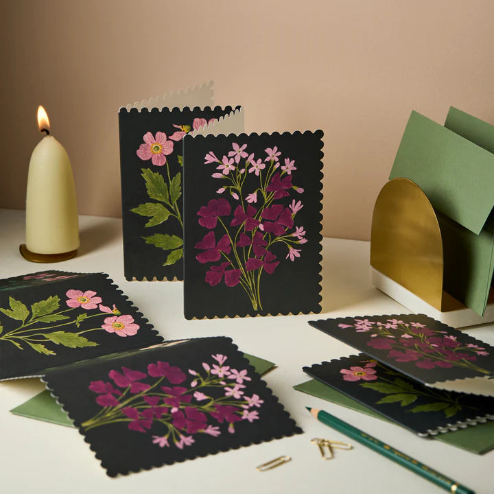Botanical Concertina Card | Scalloped Edge Fold-Out Card with Floral Illustrations & Forest Green Envelope | UK Printed Stationery