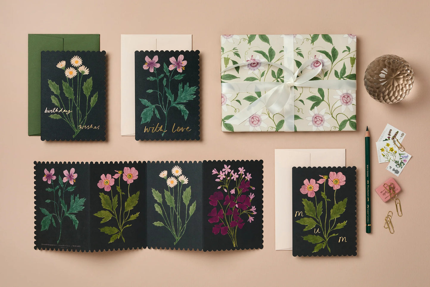 Botanical Concertina Card | Scalloped Edge Fold-Out Card with Floral Illustrations & Forest Green Envelope | UK Printed Stationery