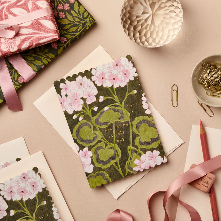 Geranium ‘Blooming Lovely Day’ Card | Scalloped Edge Mini Card with Gold Foil & Blush Pink Envelope | UK Printed