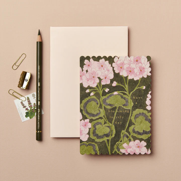 Geranium ‘Blooming Lovely Day’ Card | Scalloped Edge Mini Card with Gold Foil & Blush Pink Envelope | UK Printed