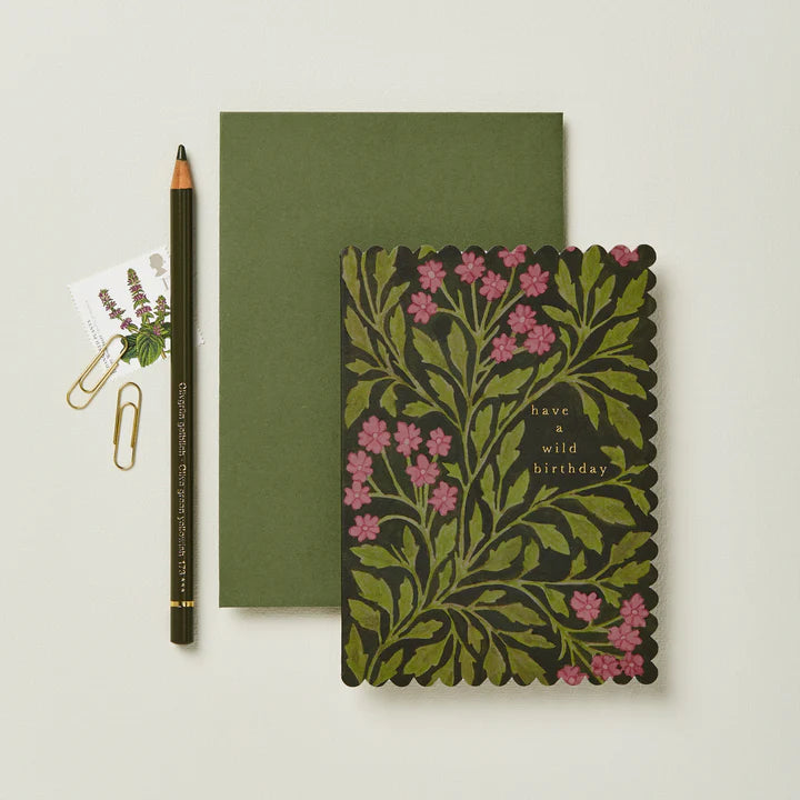 Green Flora ‘Wild Birthday’ Card | Scalloped Edge Card with Gold Foil & Green Envelope | Coordinating Gift Wrap Available | UK Printed