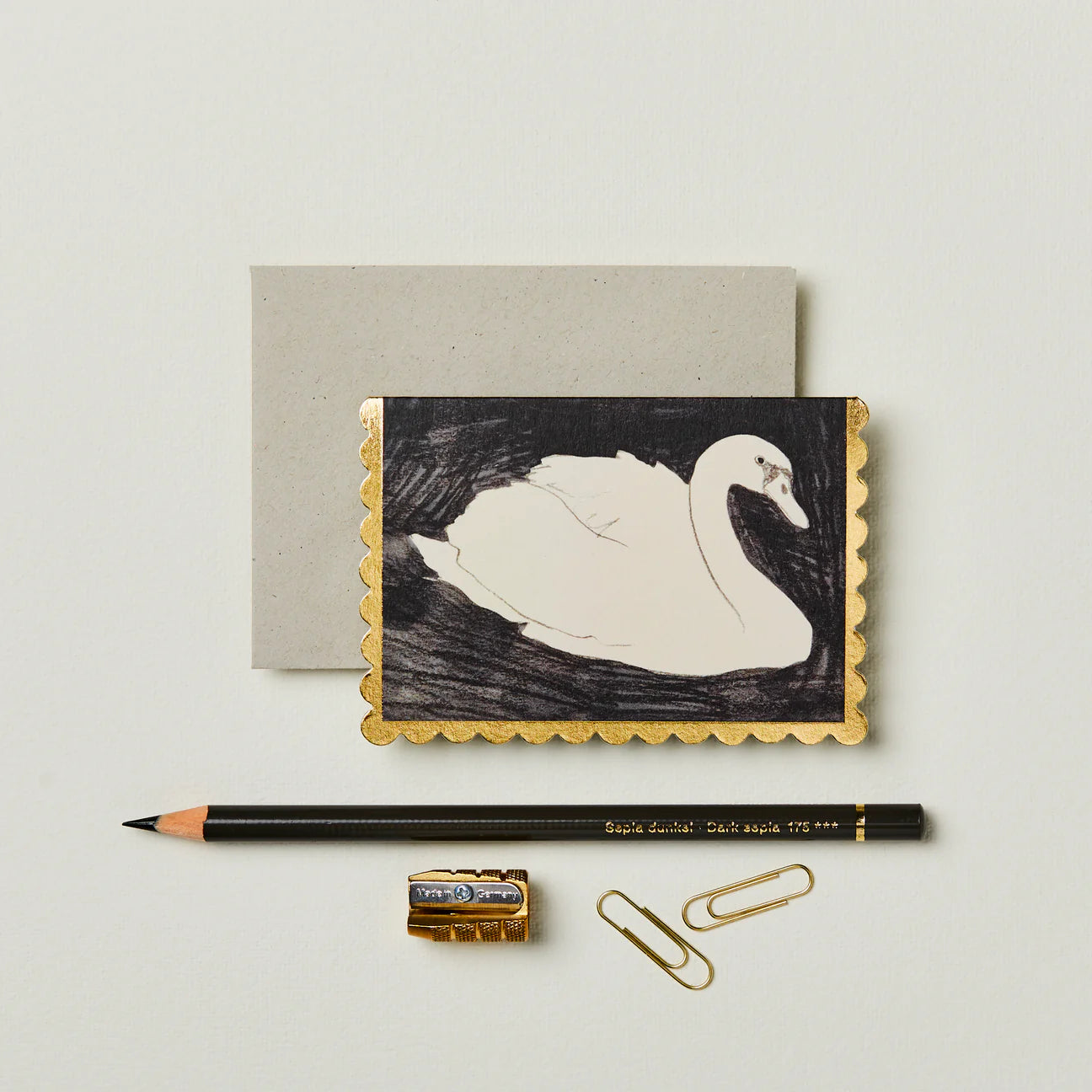 Swan Mini Card | Gold Foil Scalloped Edge with Pale Grey Envelope | UK Printed Stationery