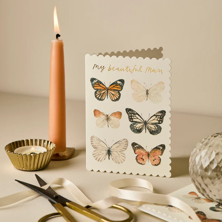 Butterfly ‘My Beautiful Mum’ Card | Scalloped Edge Mini Card with Gold Foil & Cream Envelope | UK Printed Stationery