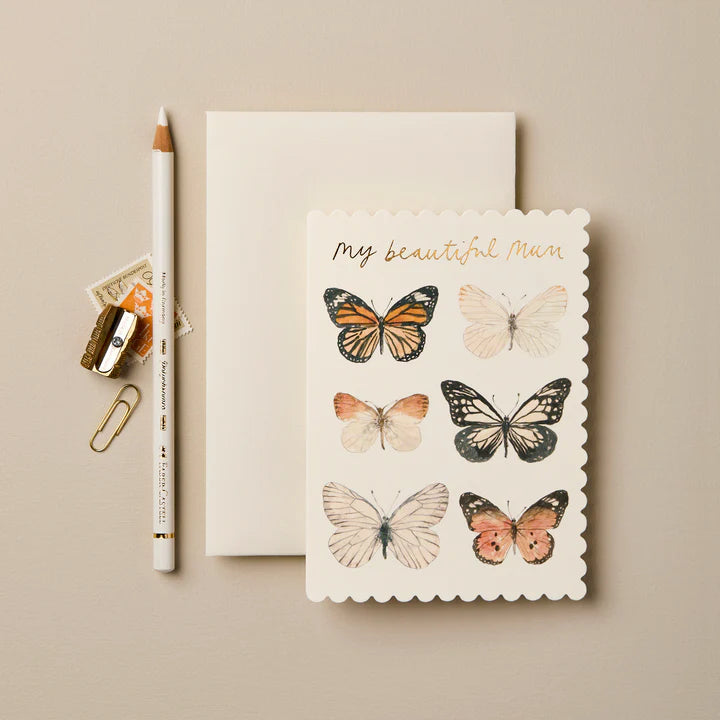 Butterfly ‘My Beautiful Mum’ Card | Scalloped Edge Mini Card with Gold Foil & Cream Envelope | UK Printed Stationery
